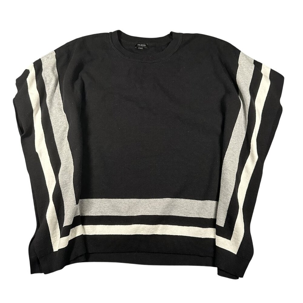 Talbots Sweater Womens XS Small Black Gray Striped Crewneck‎ Pullover Casual Top
